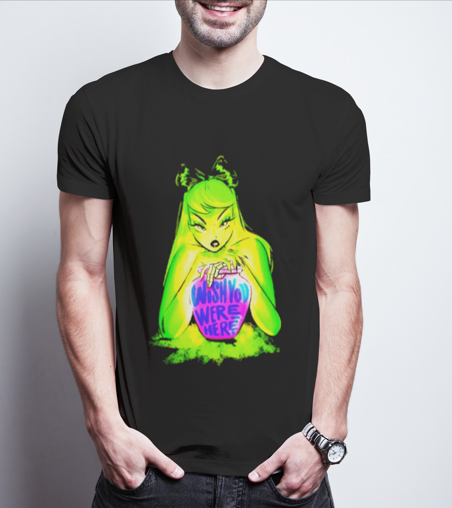 Wish You Were Here Skeleton Urn Goth Spooky Green Yellow Pink Ghostly Aesthetic T-Shirt
