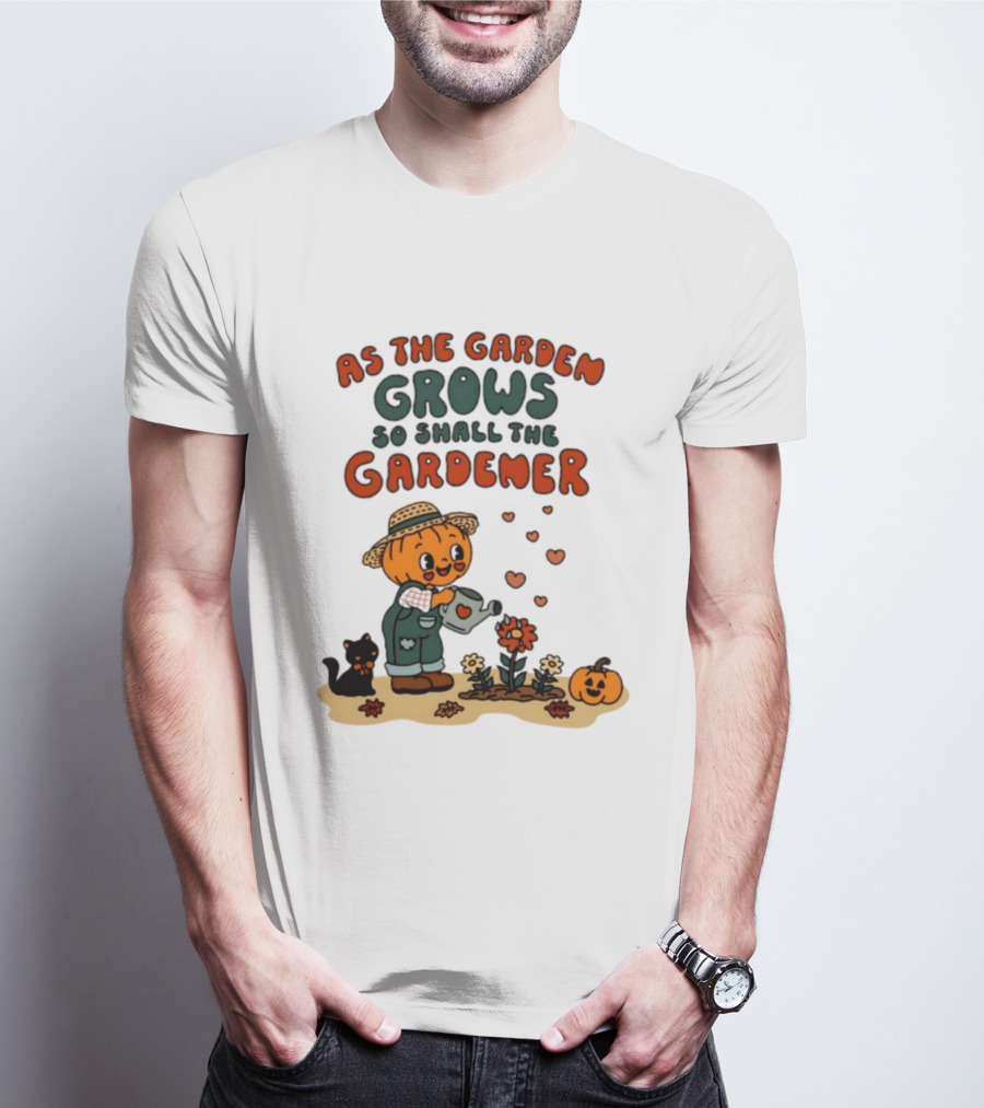 As The Garden Grows So Shall The Gardener Pumpkin Watering Flowers With Cat And Hearts T-Shirt