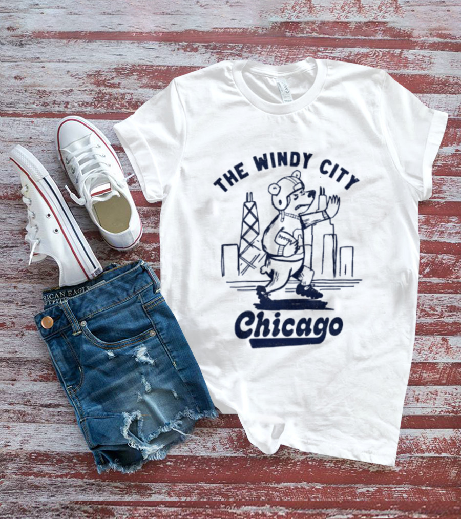 Chicago Bears The Windy City Football Character And Skyline T-Shirt