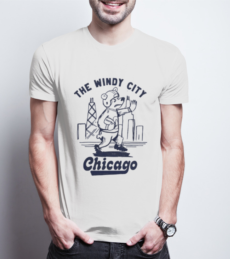 Chicago Bears The Windy City Football Character And Skyline T-Shirt
