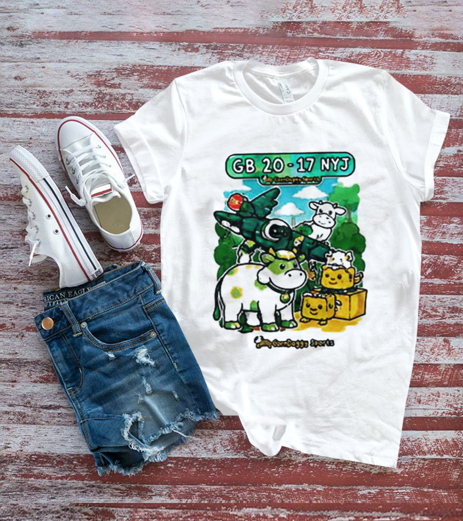 GB 20 17 NYJ Green Bay Football Green Cow Jet Cartoon Game Day T-Shirt