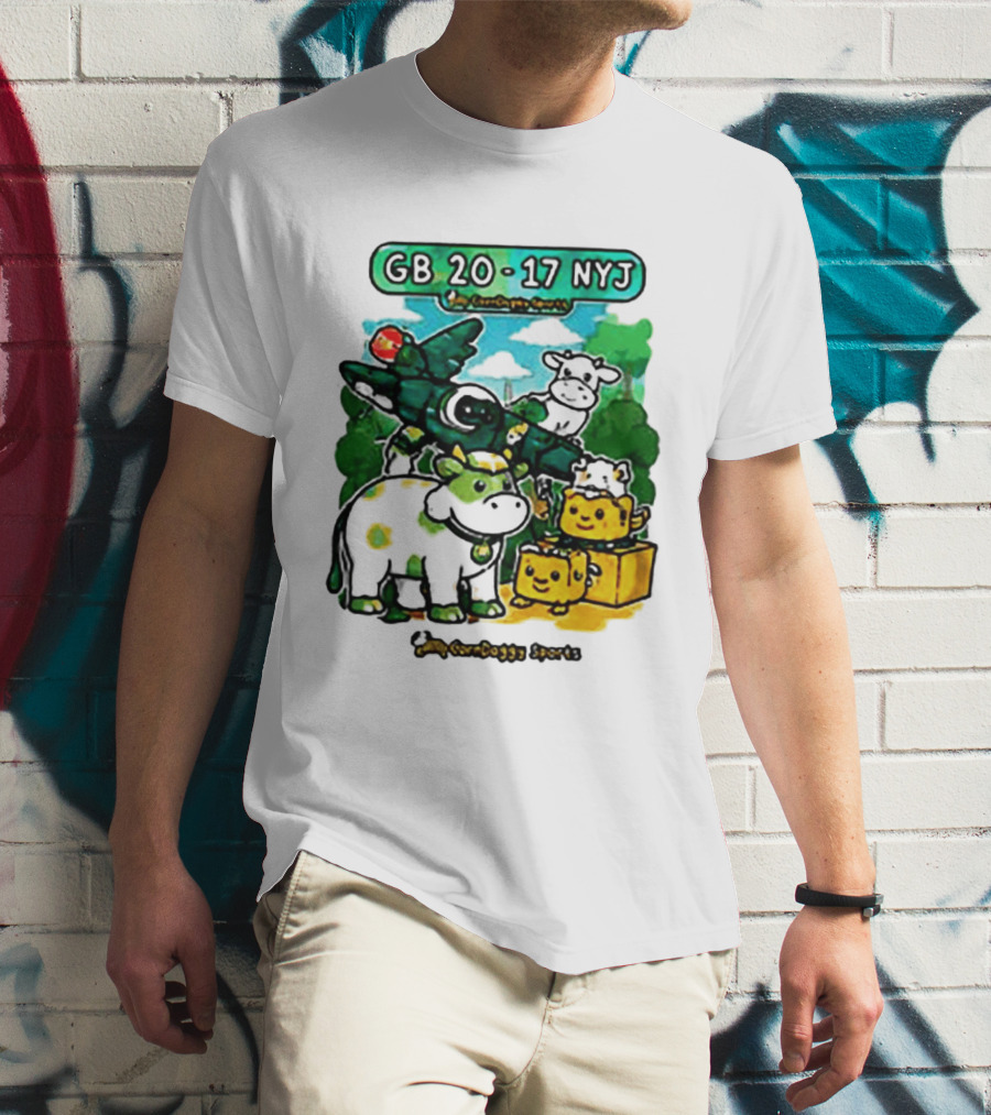 GB 20 17 NYJ Green Bay Football Green Cow Jet Cartoon Game Day T-Shirt