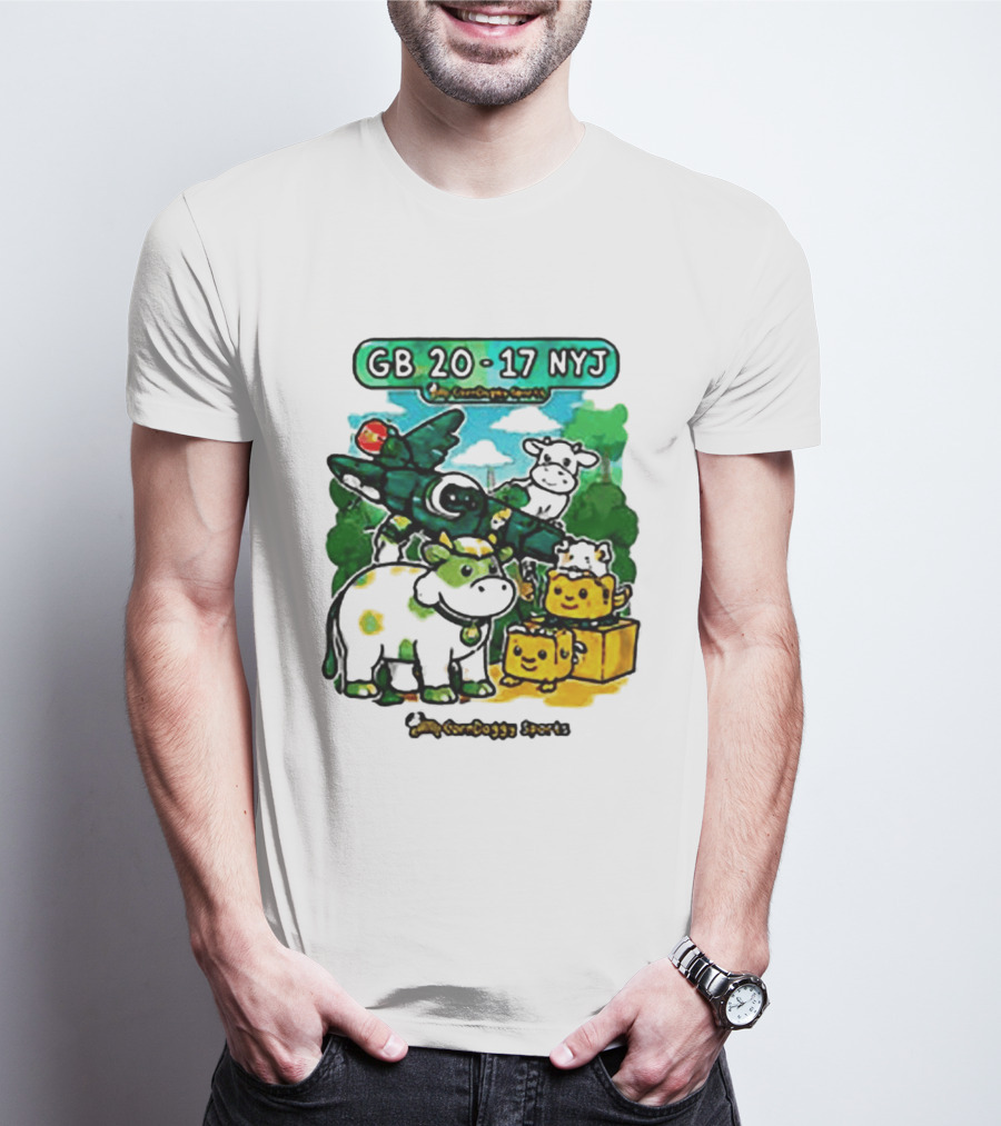 GB 20 17 NYJ Green Bay Football Green Cow Jet Cartoon Game Day T-Shirt