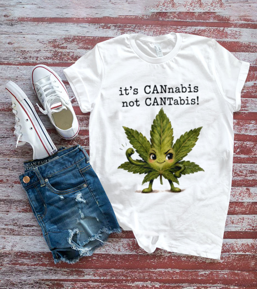 Cannabis Leaf Character It's CANnabis Not CANtabis Winking Cartoon T-Shirt