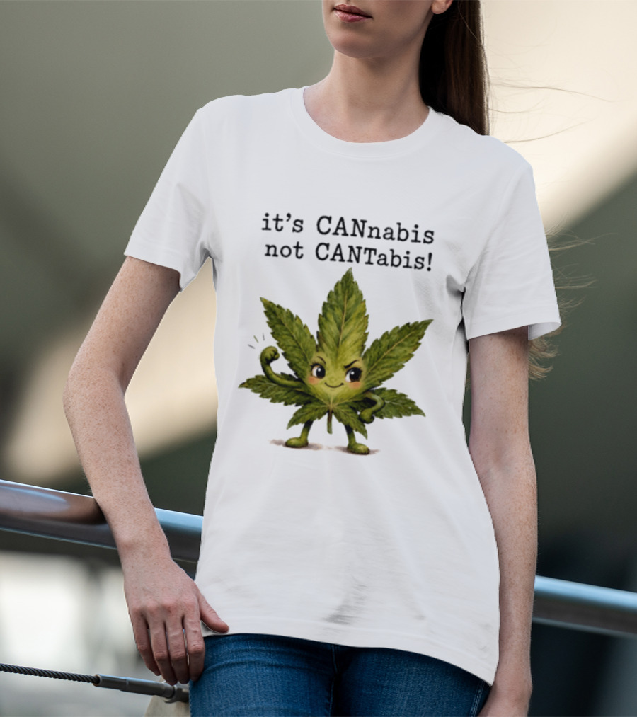 Cannabis Leaf Character It's CANnabis Not CANtabis Winking Cartoon T-Shirt