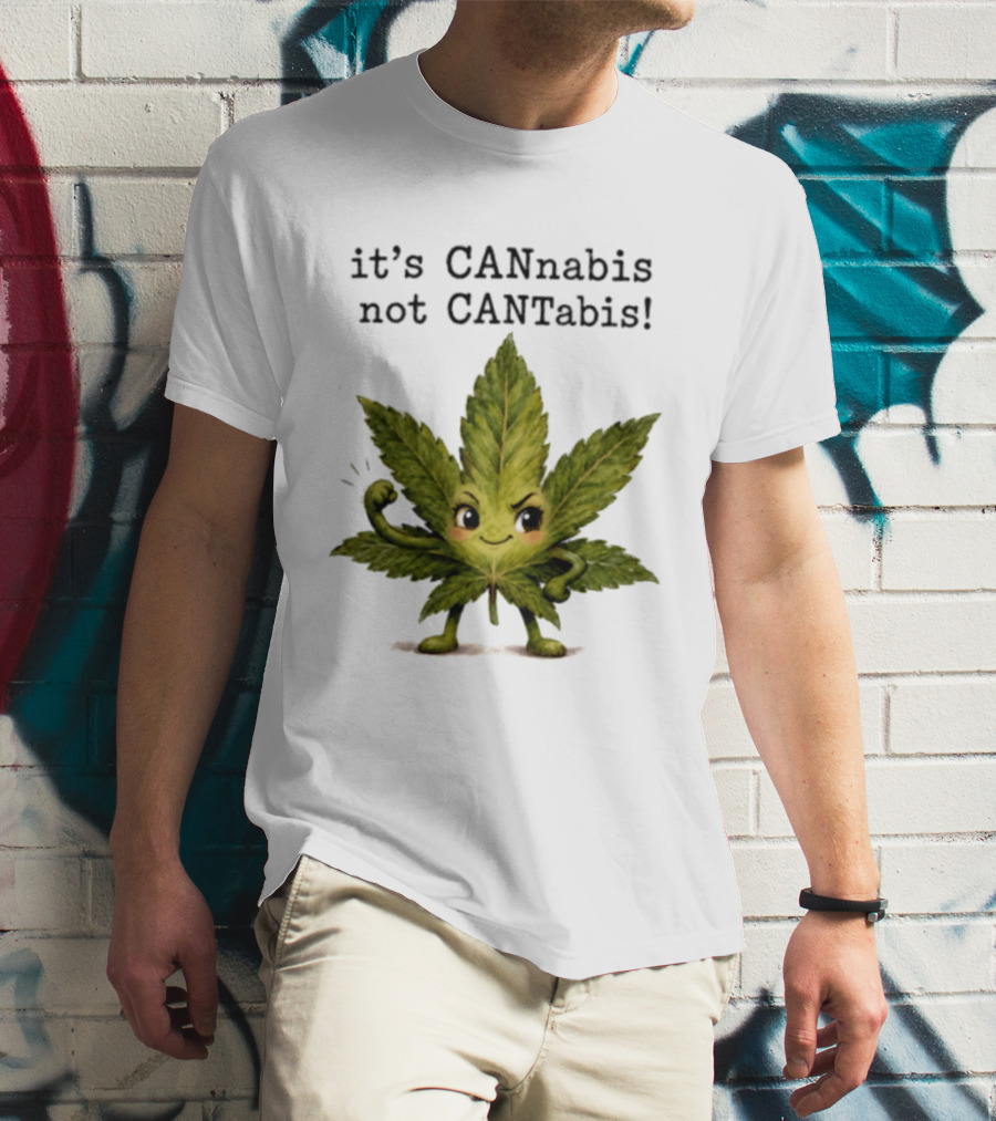 Cannabis Leaf Character It's CANnabis Not CANtabis Winking Cartoon T-Shirt