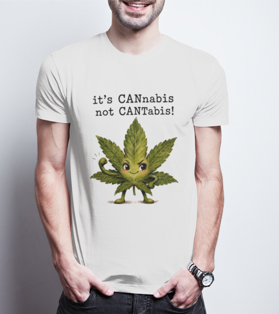 Cannabis Leaf Character It's CANnabis Not CANtabis Winking Cartoon T-Shirt
