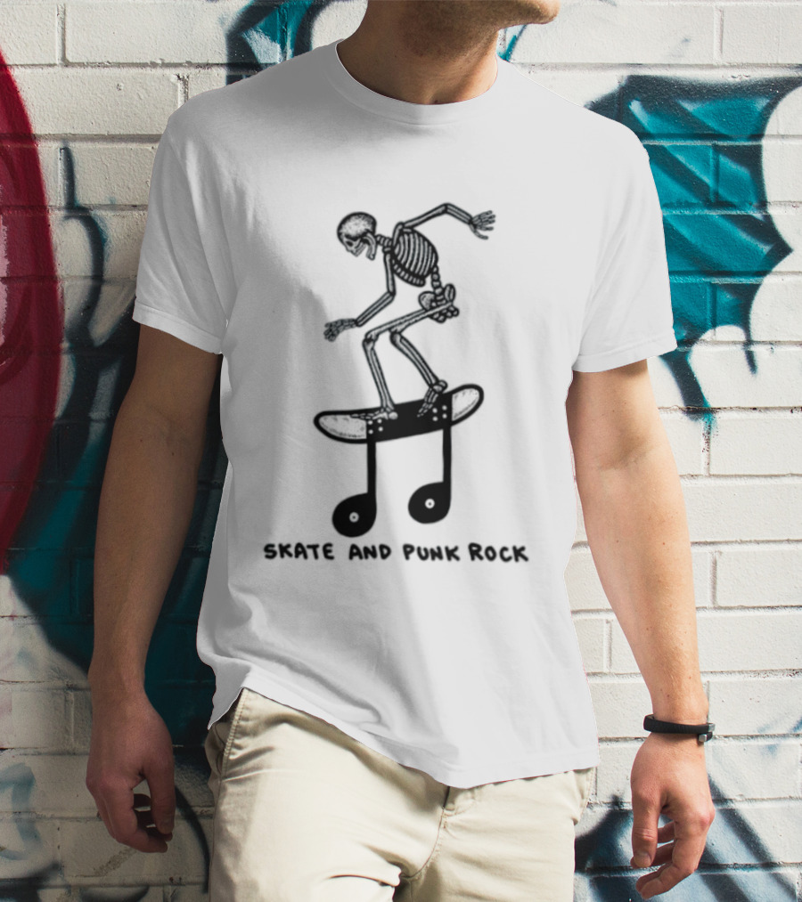 Skeleton Skater On Music Note Skateboard Punk Rock T-Shirt