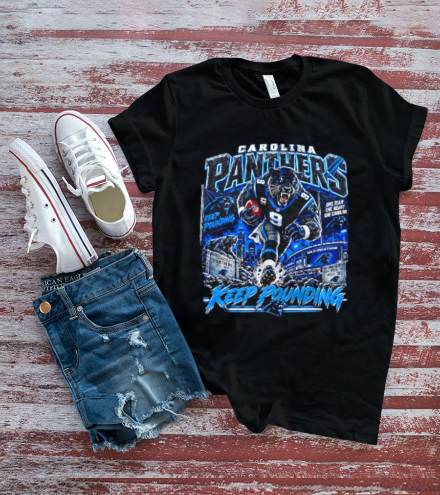 Carolina Panthers Keep Pounding One Team One Heart One Carolina Panthers 9 Football Player City Skyline T-Shirt