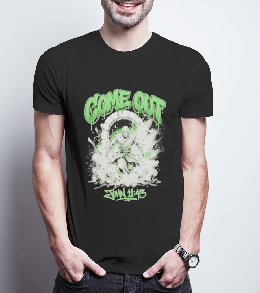 Come Out John 11 43 Mummy Bible Verse Green Drip T-Shirt