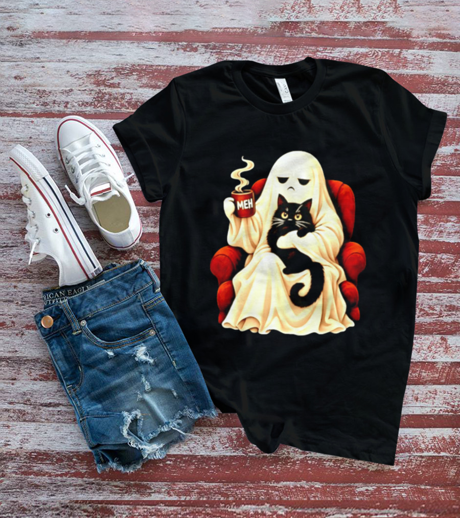 Ghost And Black Cat On Red Chair With Meh Coffee T-Shirt