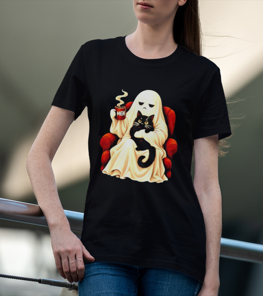 Ghost And Black Cat On Red Chair With Meh Coffee T-Shirt