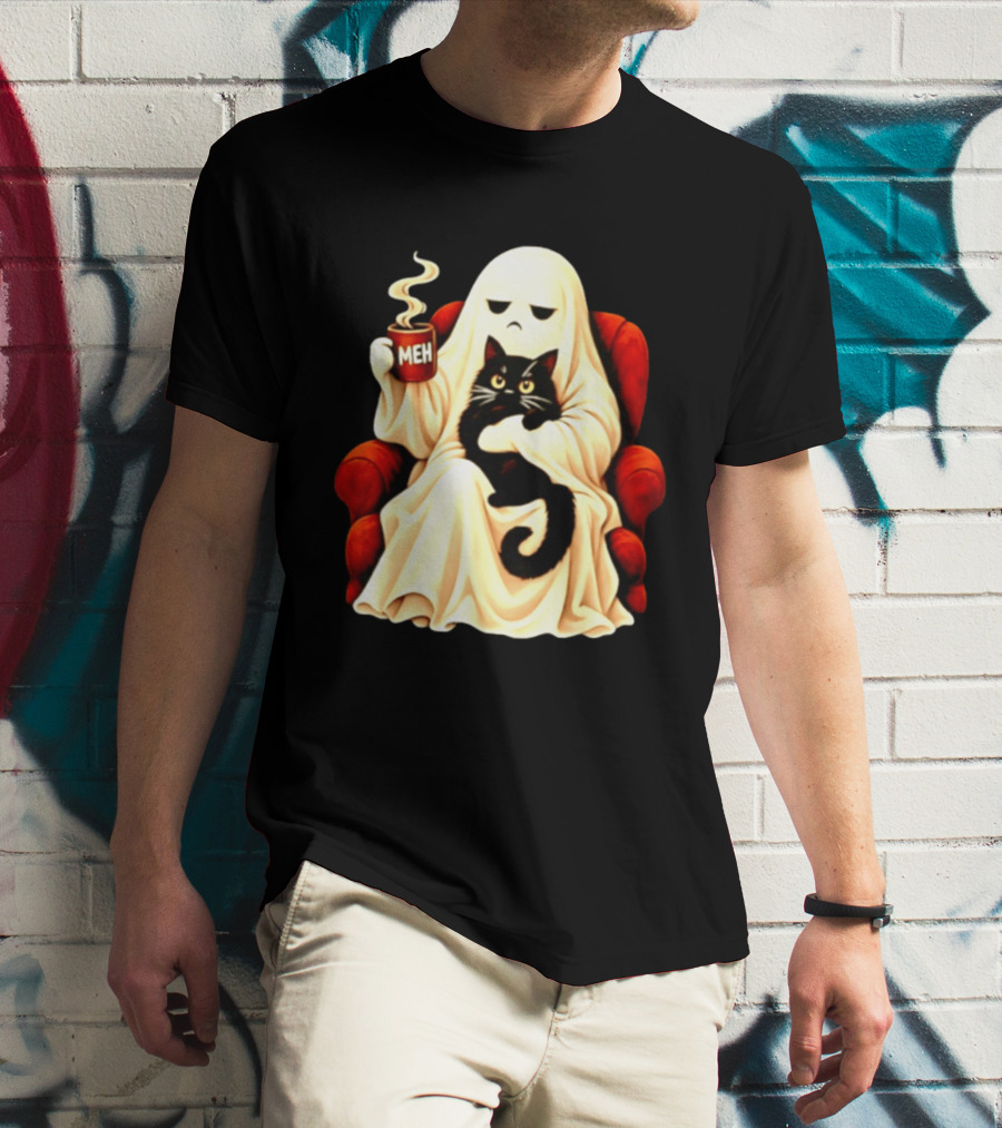 Ghost And Black Cat On Red Chair With Meh Coffee T-Shirt
