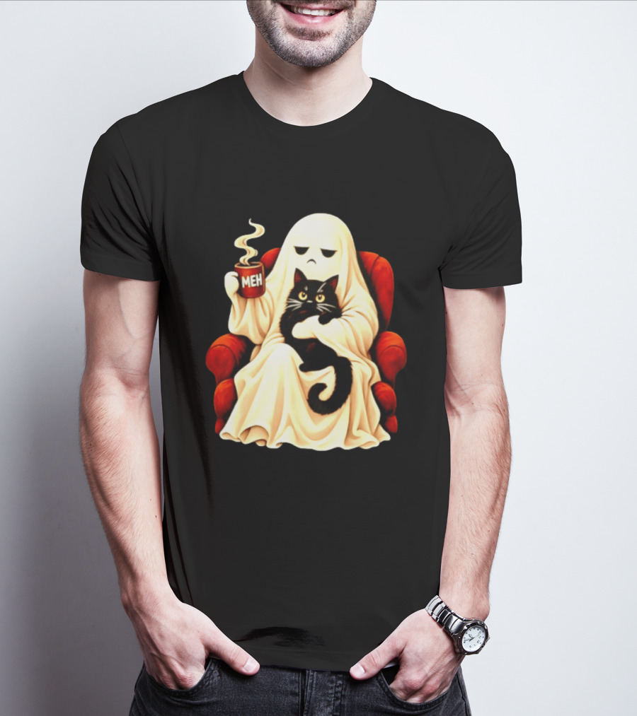 Ghost And Black Cat On Red Chair With Meh Coffee T-Shirt