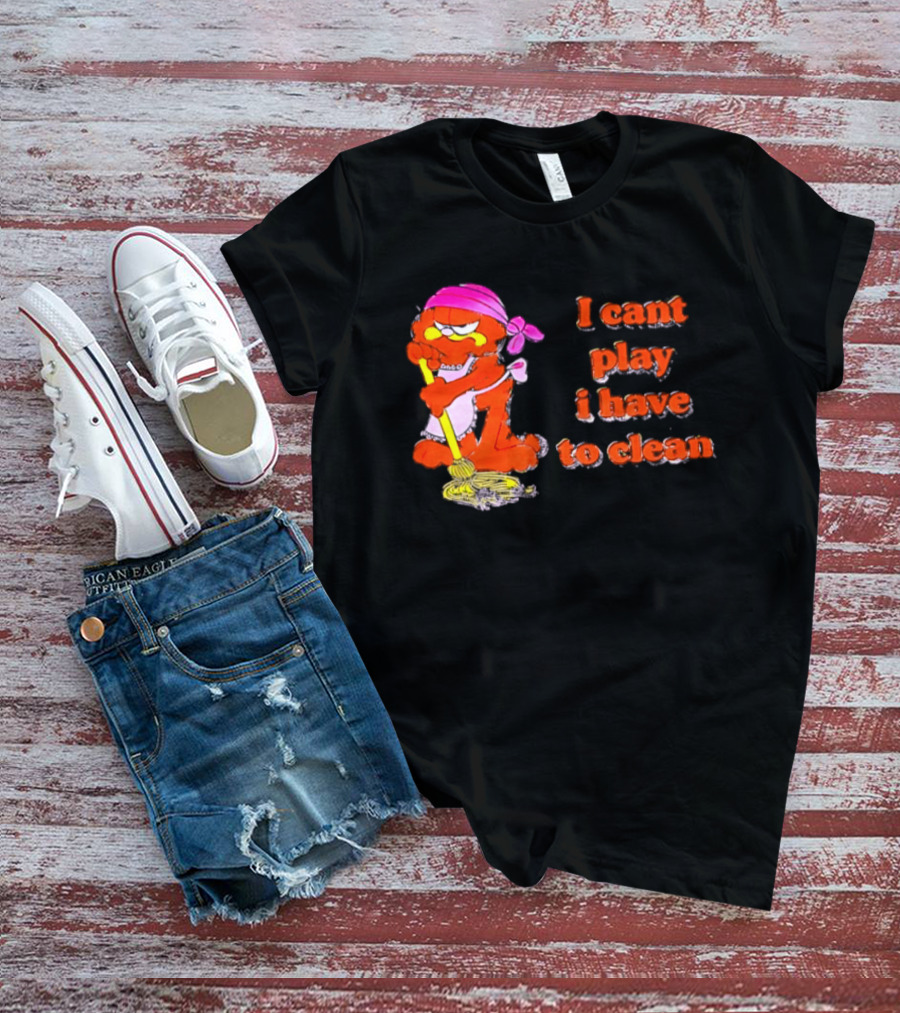 Garfield I Can't Play I Have To Clean Comic Image With Mop And Bandana T-Shirt