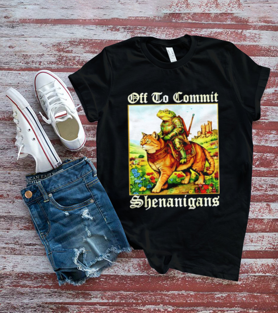 Off To Commit Shenanigans Frog Knight Riding Cat Medieval Adventure T-Shirt
