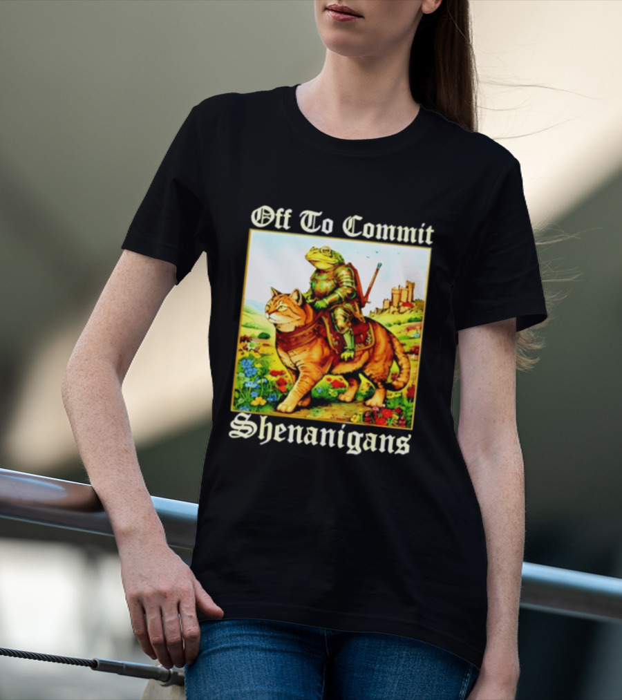 Off To Commit Shenanigans Frog Knight Riding Cat Medieval Adventure T-Shirt