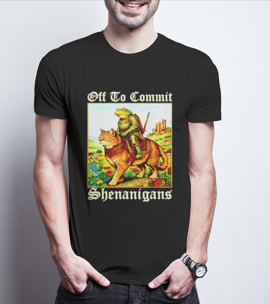 Off To Commit Shenanigans Frog Knight Riding Cat Medieval Adventure T-Shirt