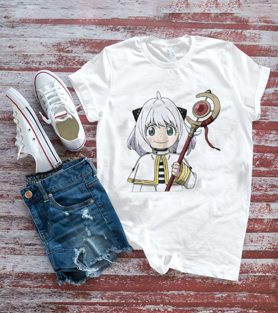 Anya Forger Frieren Crossover Anime Character With Magical Staff T-Shirt
