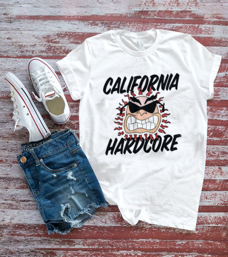 California Hardcore Sun With Sunglasses And Fierce Flames T-Shirt