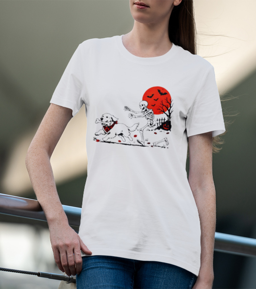 Golden Retriever And Skeleton Chase Under Red Moon With Bats And Pumpkin T-Shirt