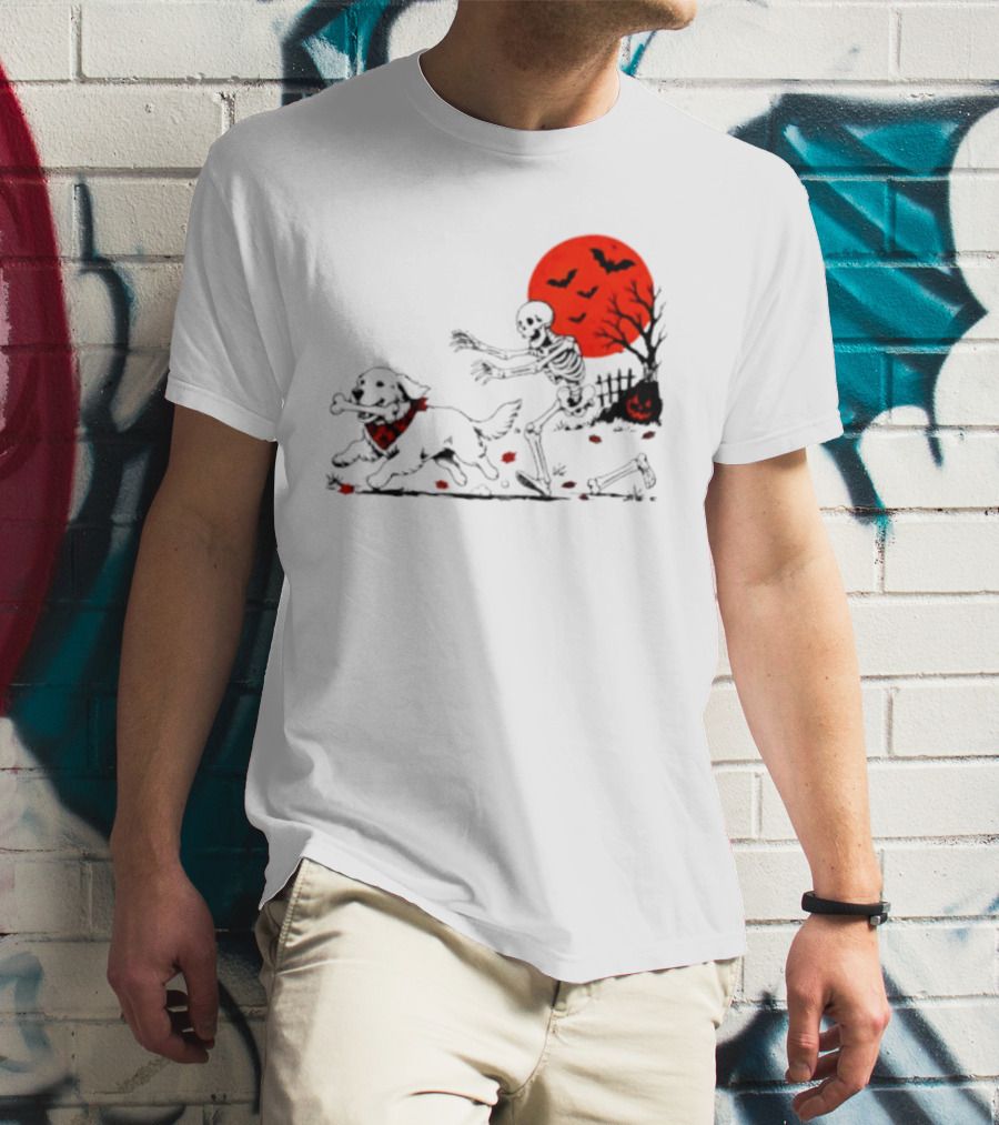 Golden Retriever And Skeleton Chase Under Red Moon With Bats And Pumpkin T-Shirt