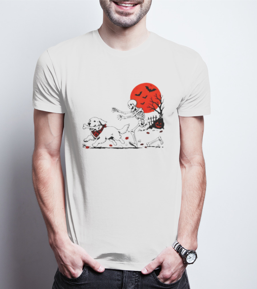 Golden Retriever And Skeleton Chase Under Red Moon With Bats And Pumpkin T-Shirt