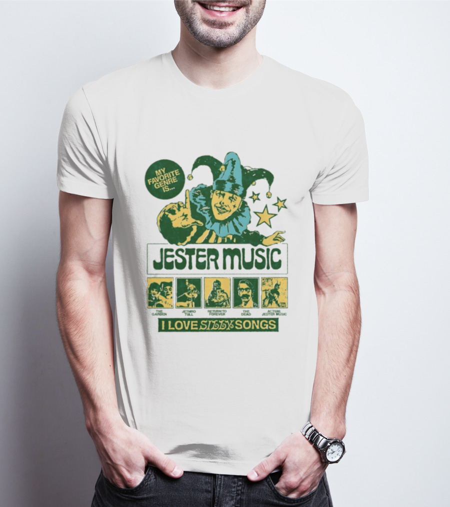 My Favorite Genre Is Jester Music I Love Silly Songs Playful Jester With Stars T-Shirt