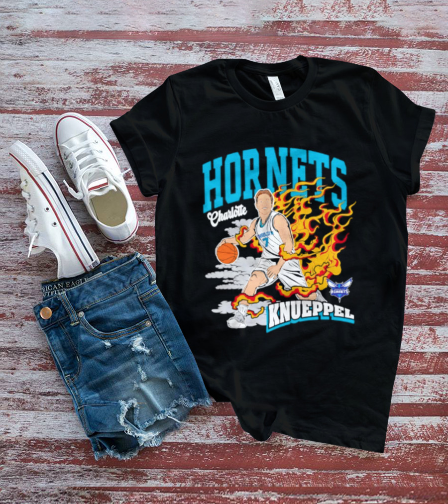 Charlotte Hornets Kon Knueppel Basketball With Flames Motif T-Shirt