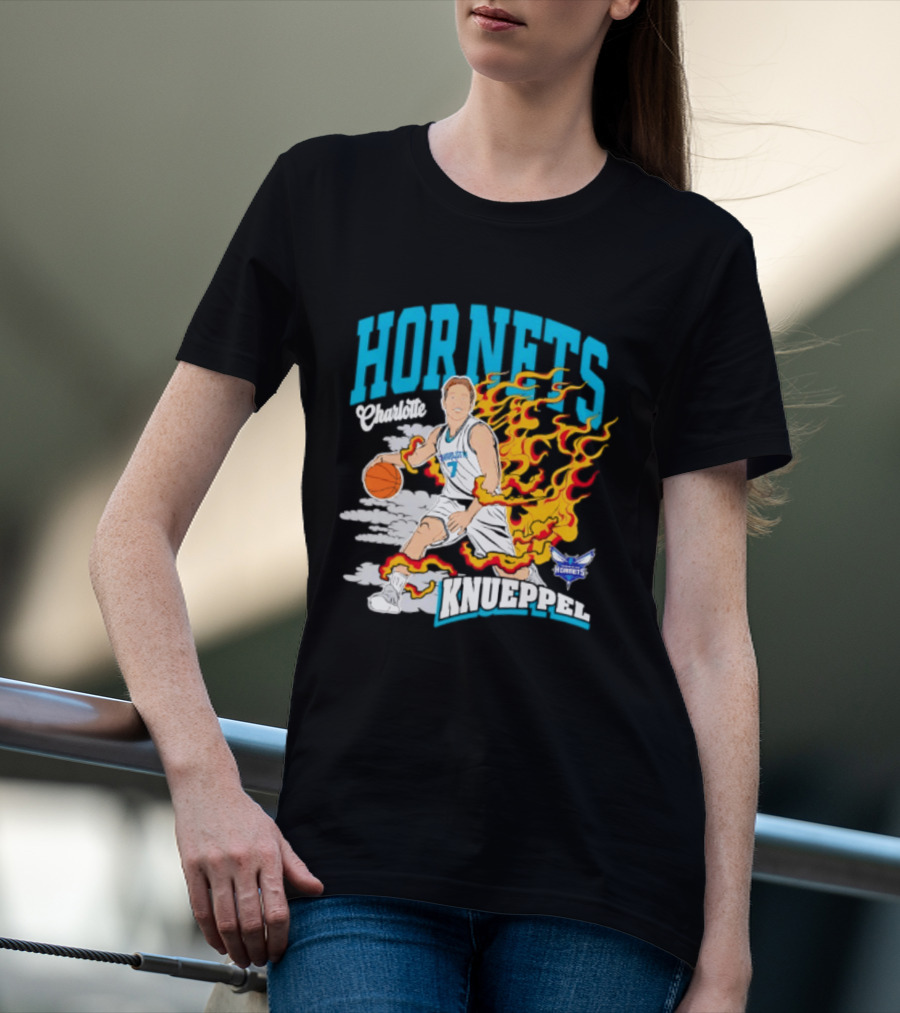 Charlotte Hornets Kon Knueppel Basketball With Flames Motif T-Shirt