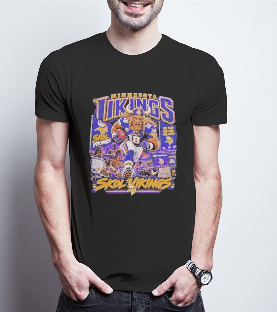 Minnesota Vikings Skol Vikings One Team One Skol One Family 18 Football City Highlights T-Shirt
