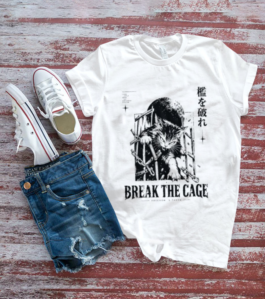 Break The Cage Freedom Is Taken Cat Kanji T-Shirt