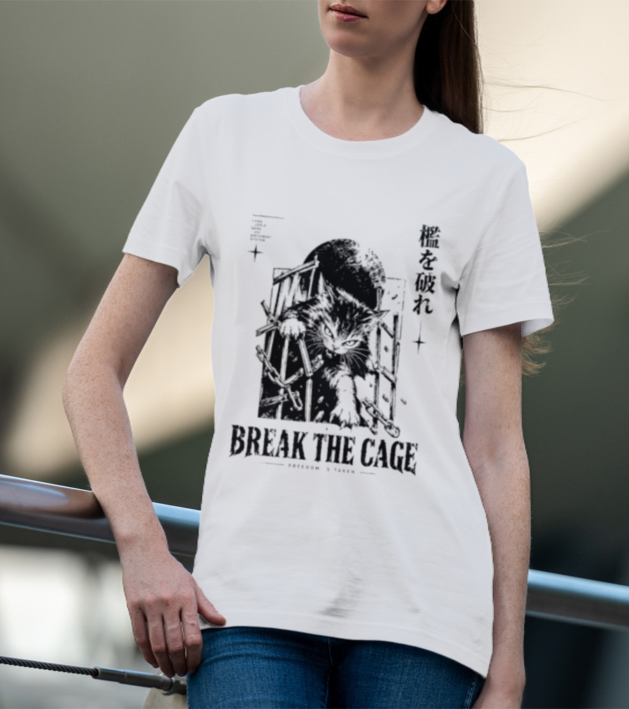 Break The Cage Freedom Is Taken Cat Kanji T-Shirt