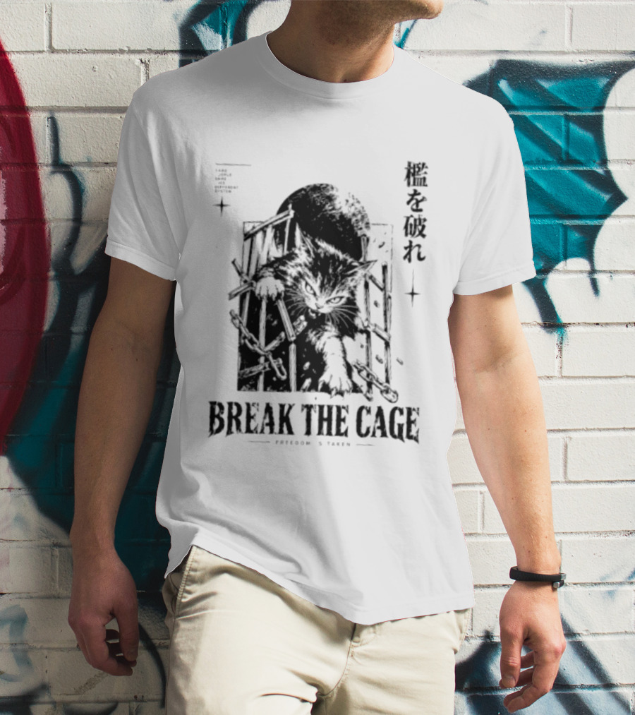 Break The Cage Freedom Is Taken Cat Kanji T-Shirt