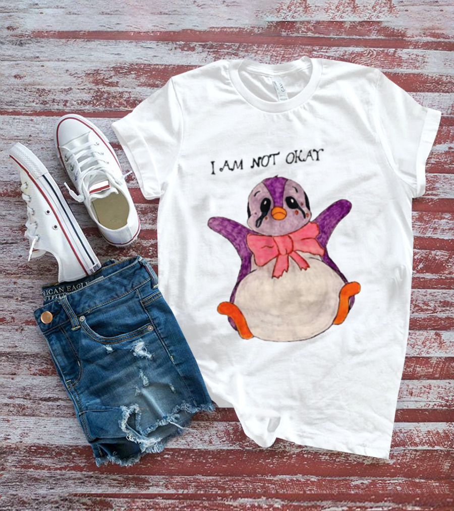 I Am Not Okay Crying Penguin Aesthetic Bow Tearful Purple Orange T-Shirt