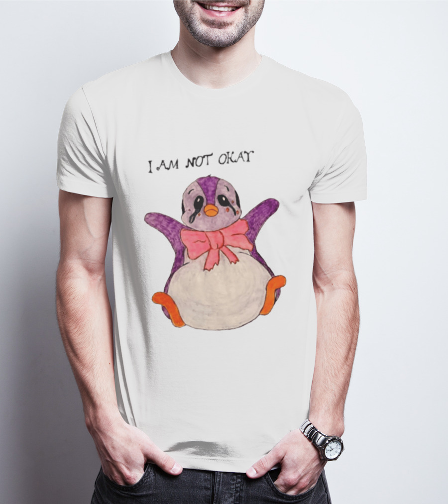 I Am Not Okay Crying Penguin Aesthetic Bow Tearful Purple Orange T-Shirt