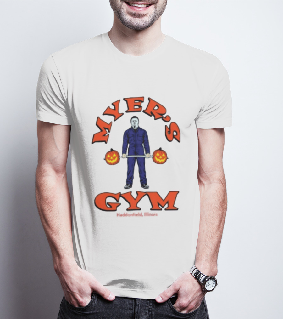 Myers's Gym Haddonfield Illinois Michael Myers Jack O' Lantern Weightlifting Halloween T-Shirt