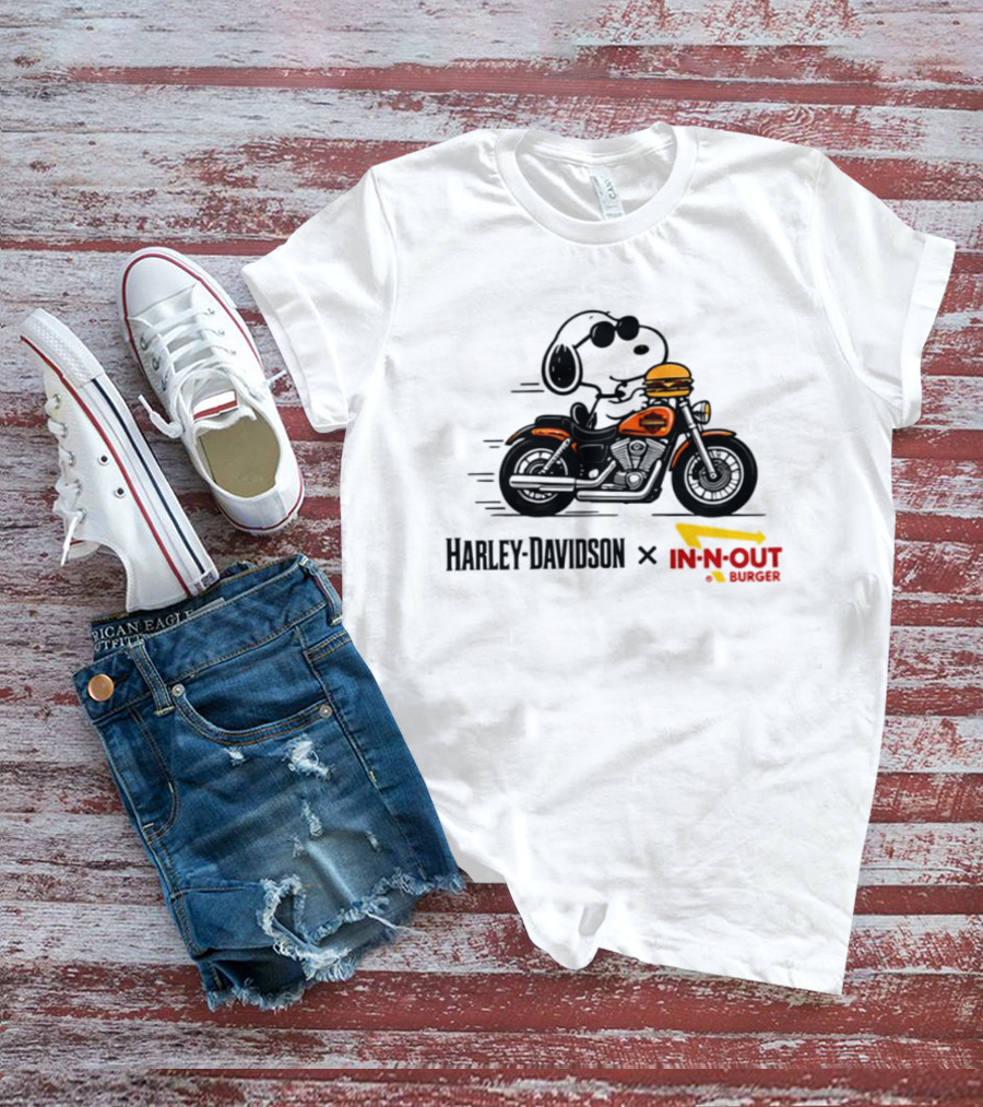 Snoopy Riding Harley Davidson With In N Out Burger Collaboration T-Shirt