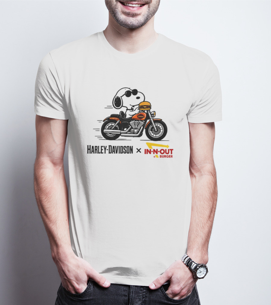 Snoopy Riding Harley Davidson With In N Out Burger Collaboration T-Shirt