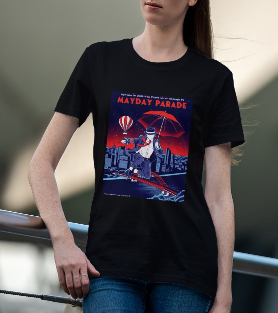 Mayday Parade September 26 2026 Four Chord Festival Pittsburgh PA Hot Air Balloon Umbrella Cityscape T-Shirt