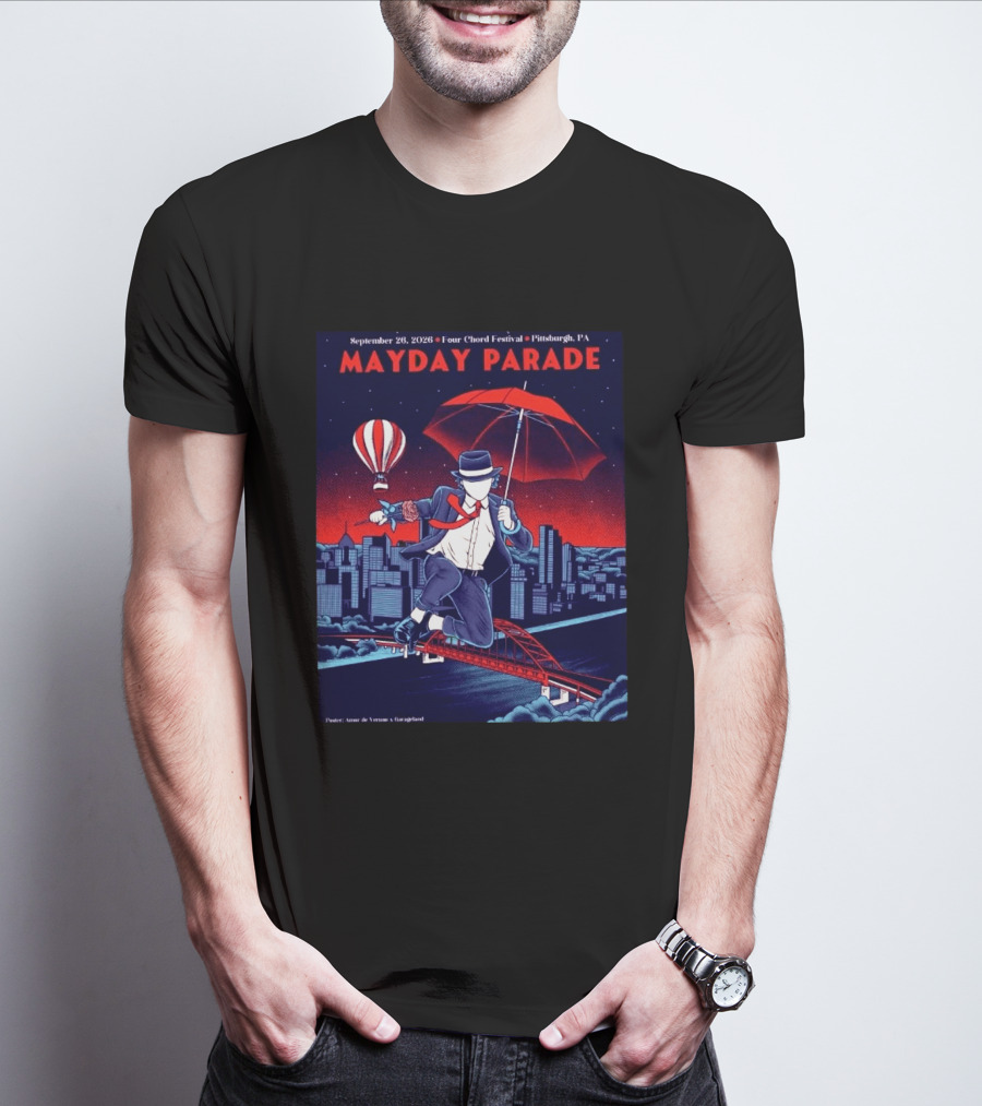Mayday Parade September 26 2026 Four Chord Festival Pittsburgh PA Hot Air Balloon Umbrella Cityscape T-Shirt