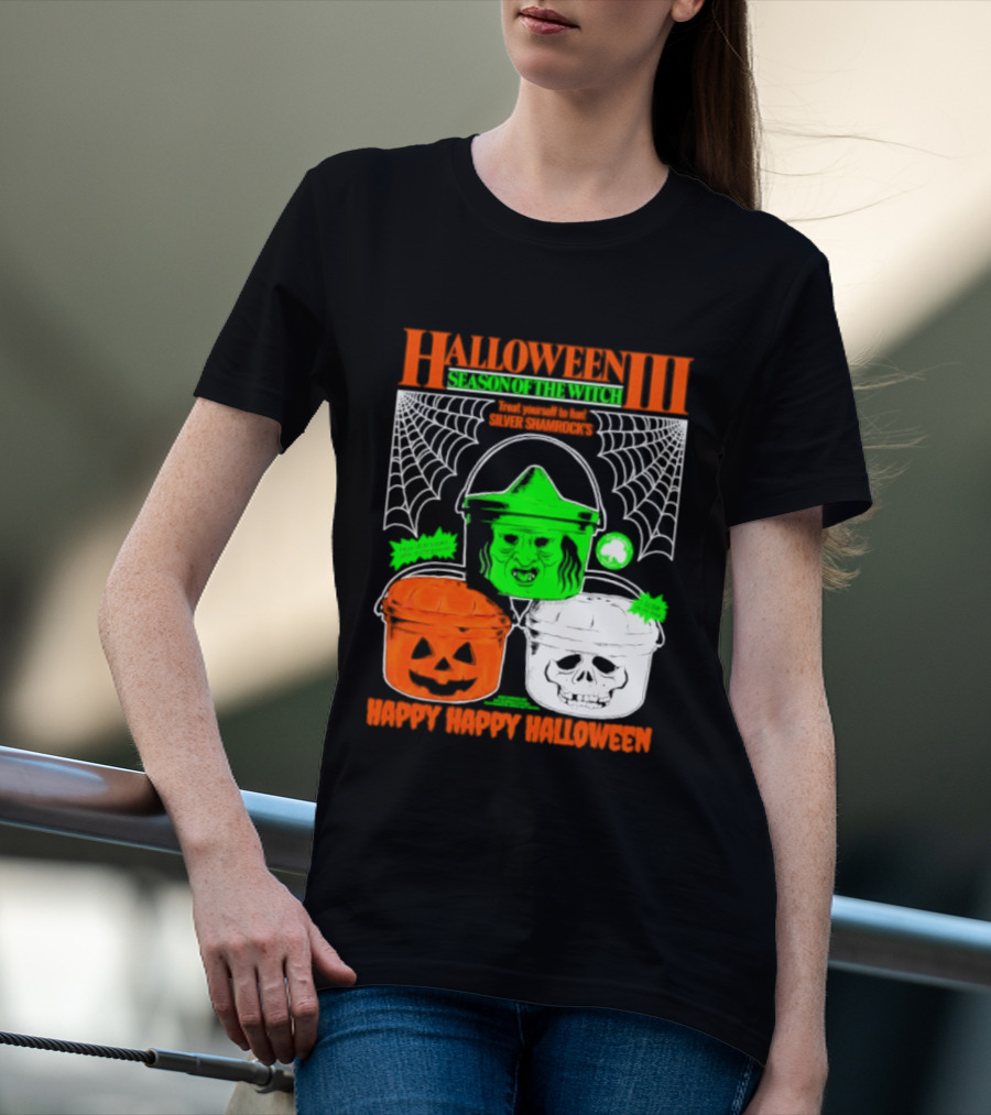 Halloween III Season Of The Witch Silver Shamrock Pumpkin Skull Witch Buckets Happy Happy Halloween T-Shirt