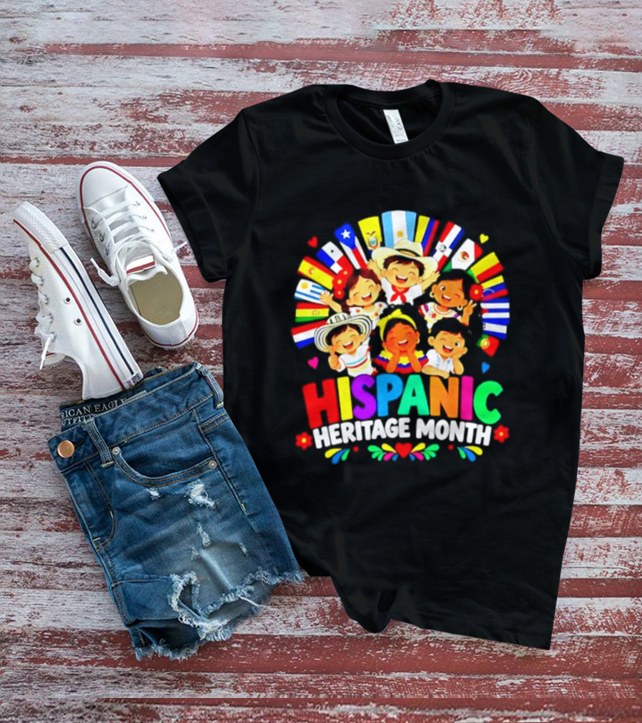 Hispanic Heritage Month Celebration With Latino Countries Flags And Happy Children T-Shirt