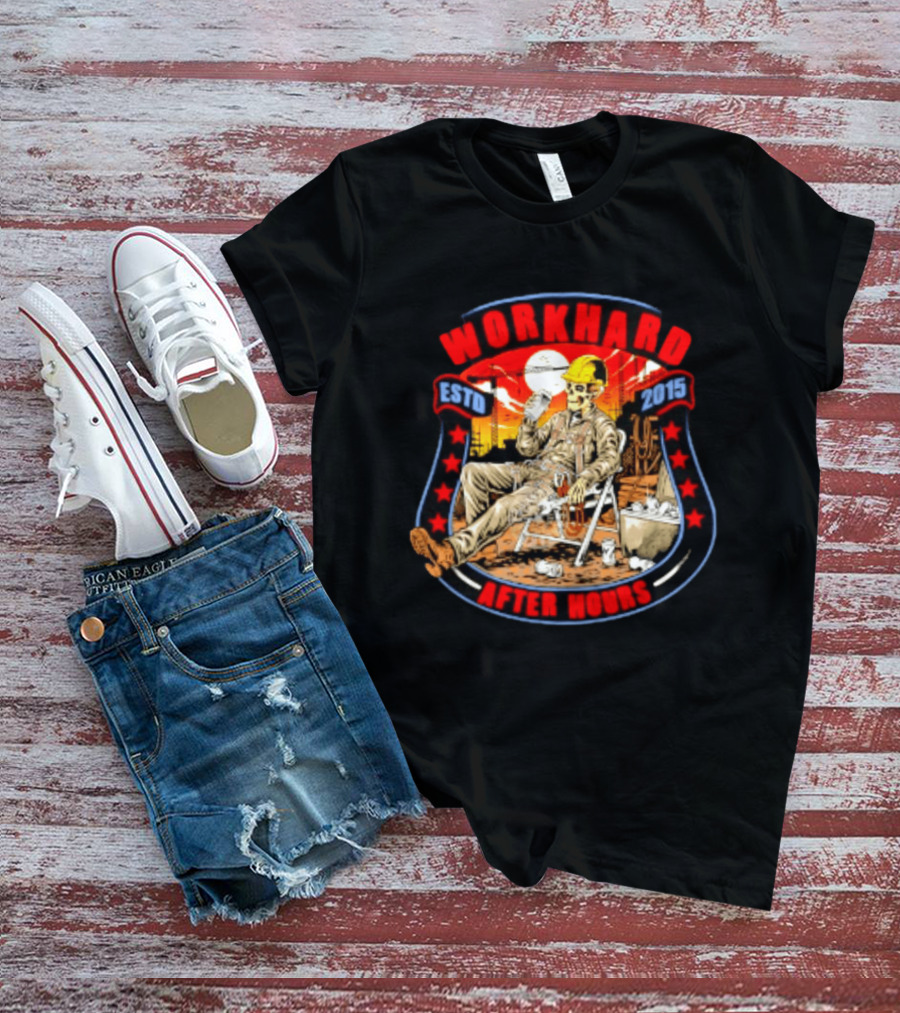 Work Hard After Hours Estd 2015 Skeleton Construction Worker Relaxing Moonlight Scene T-Shirt