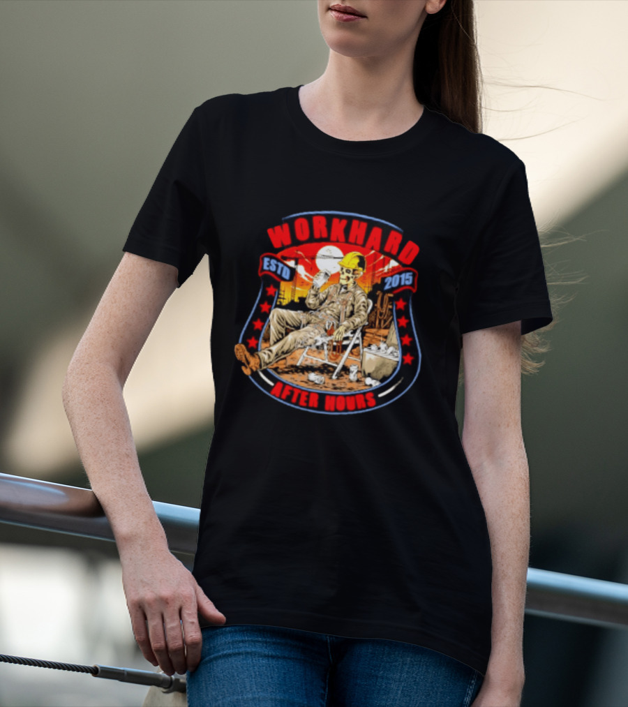 Work Hard After Hours Estd 2015 Skeleton Construction Worker Relaxing Moonlight Scene T-Shirt