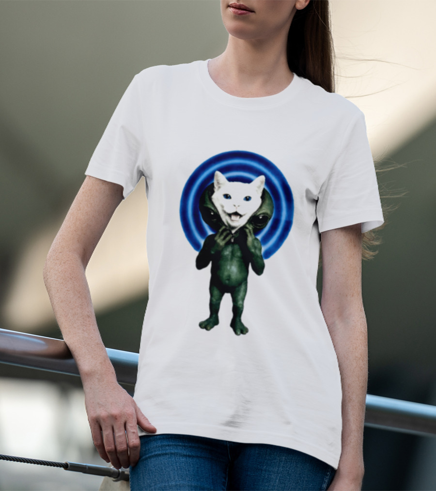 Cat Unzipping Alien Costume Sci Fi Whimsical Blue Ripple Effect T-Shirt