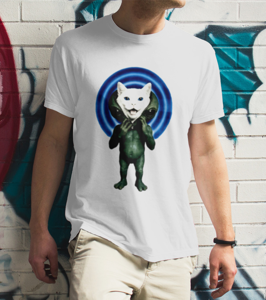 Cat Unzipping Alien Costume Sci Fi Whimsical Blue Ripple Effect T-Shirt