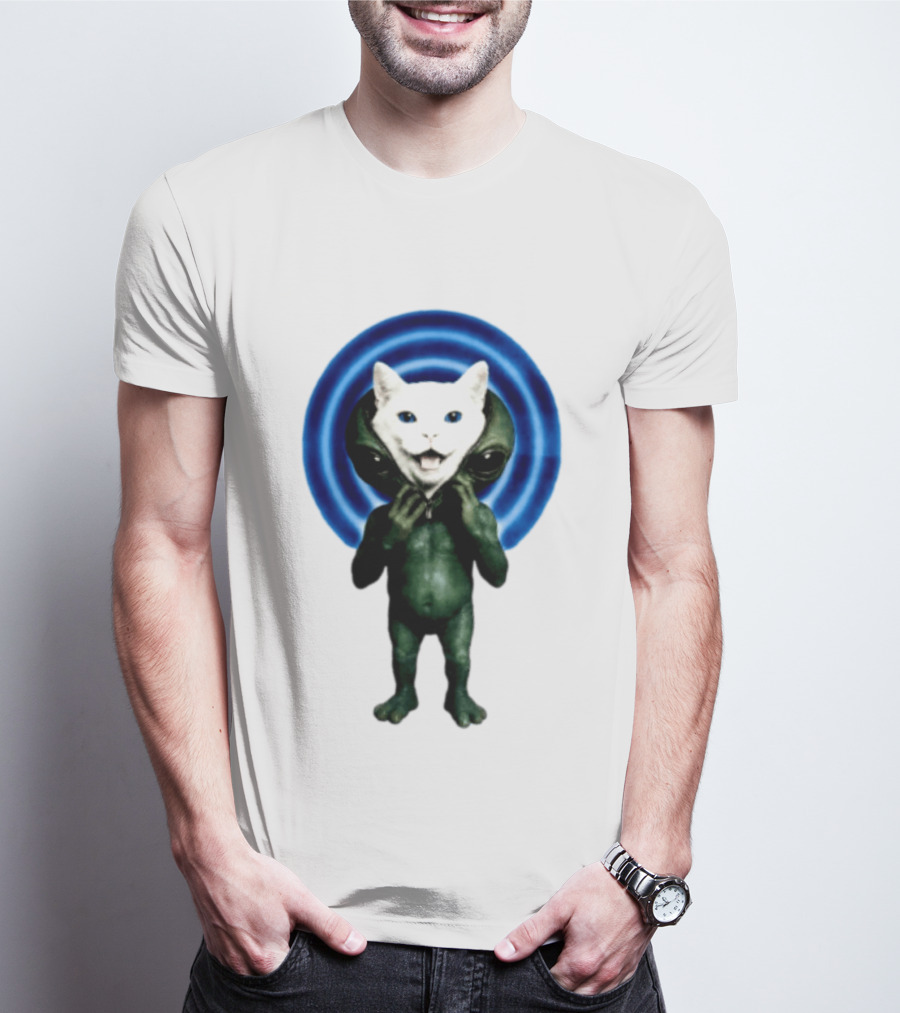 Cat Unzipping Alien Costume Sci Fi Whimsical Blue Ripple Effect T-Shirt