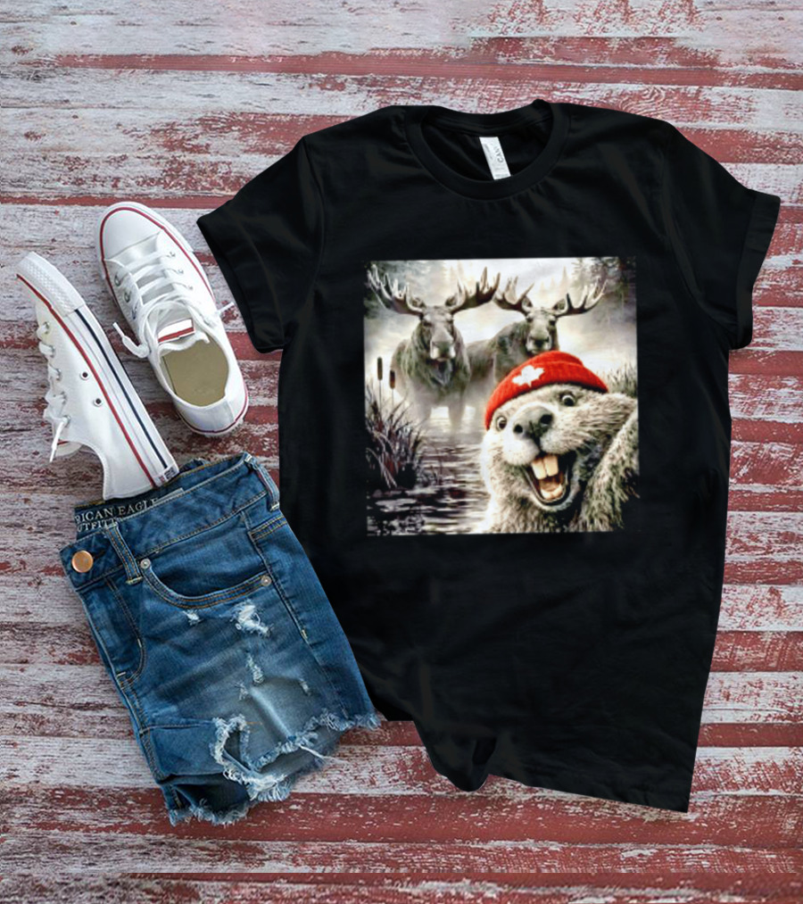 Beaver With Maple Leaf Beanie And Moose Forest Scene T-Shirt