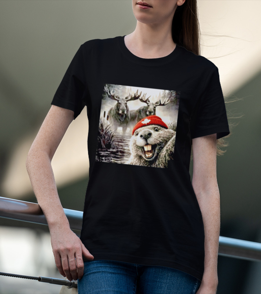 Beaver With Maple Leaf Beanie And Moose Forest Scene T-Shirt